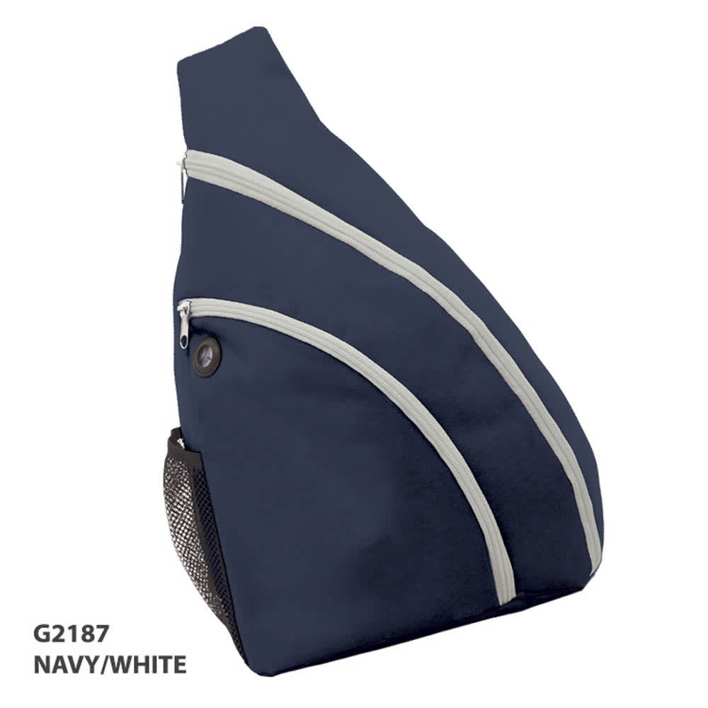 A navy and white Slingpack with a zippered compartment and mesh side pocket. Features a logo on the front.