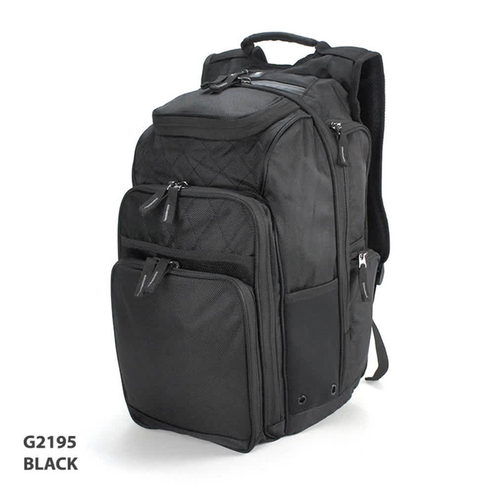 A black Boxy Backpack featuring multiple compartments, zippers, and a durable design. It has a branding logo on the front.