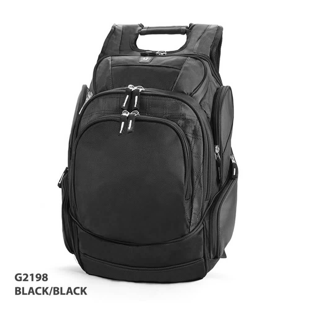 A black backpack with multiple compartments and a logo, featuring padded straps and a top handle.
