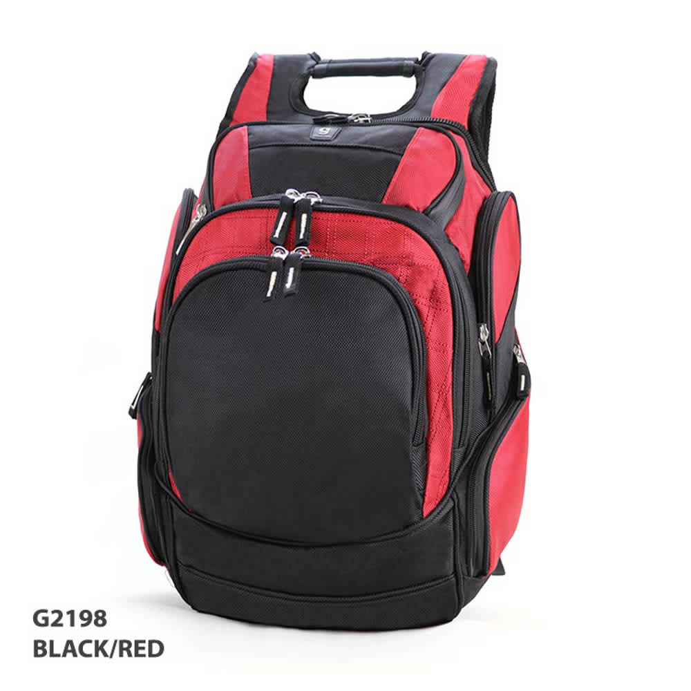 A black and red backpack featuring multiple compartments and a handle, with a logo on the front.