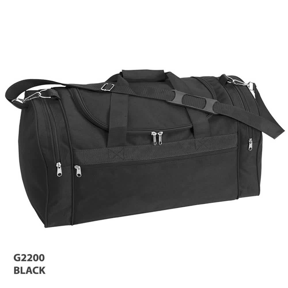 A black duffle bag with multiple compartments and a shoulder strap, featuring a logo on the front.