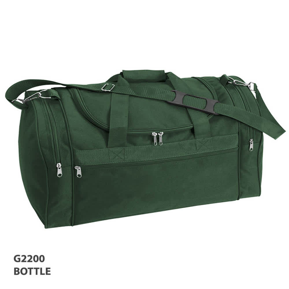A dark green duffle bag featuring multiple zippered compartments and a detachable shoulder strap.
