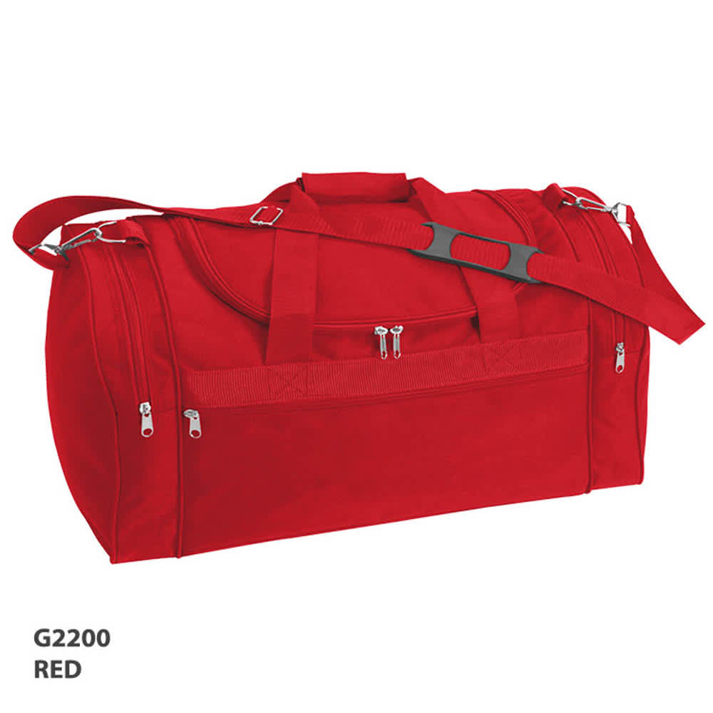 A red duffle bag with a shoulder strap, two handles, and multiple zippered compartments. It features a logo.