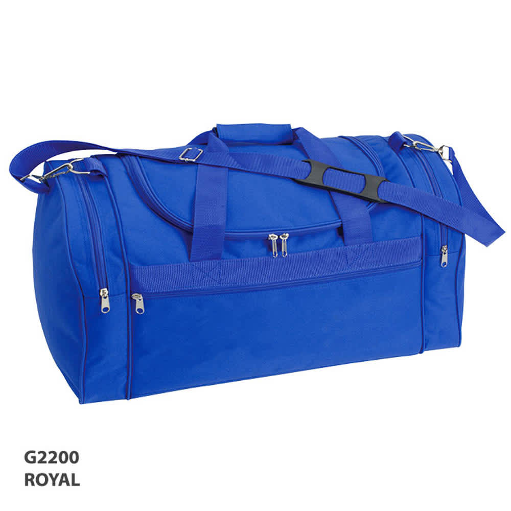 A royal blue duffle bag with zippered compartments and an adjustable shoulder strap, featuring a logo on the side.