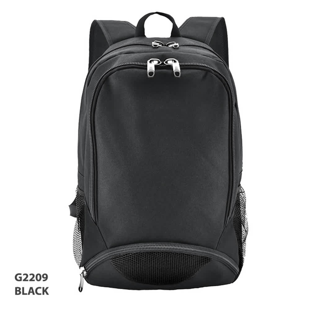A black backpack with two zippers, side mesh pockets, and adjustable straps, featuring a logo.