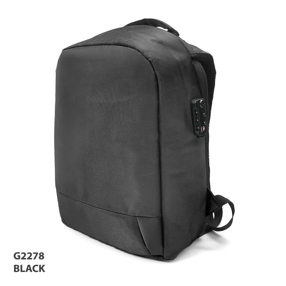 A black backpack with a textured surface and a side pocket featuring a lock mechanism.