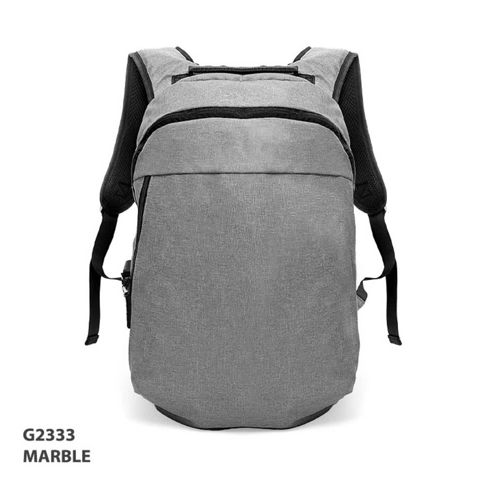 A grey anti-theft backpack featuring adjustable straps and a sleek design with a logo.