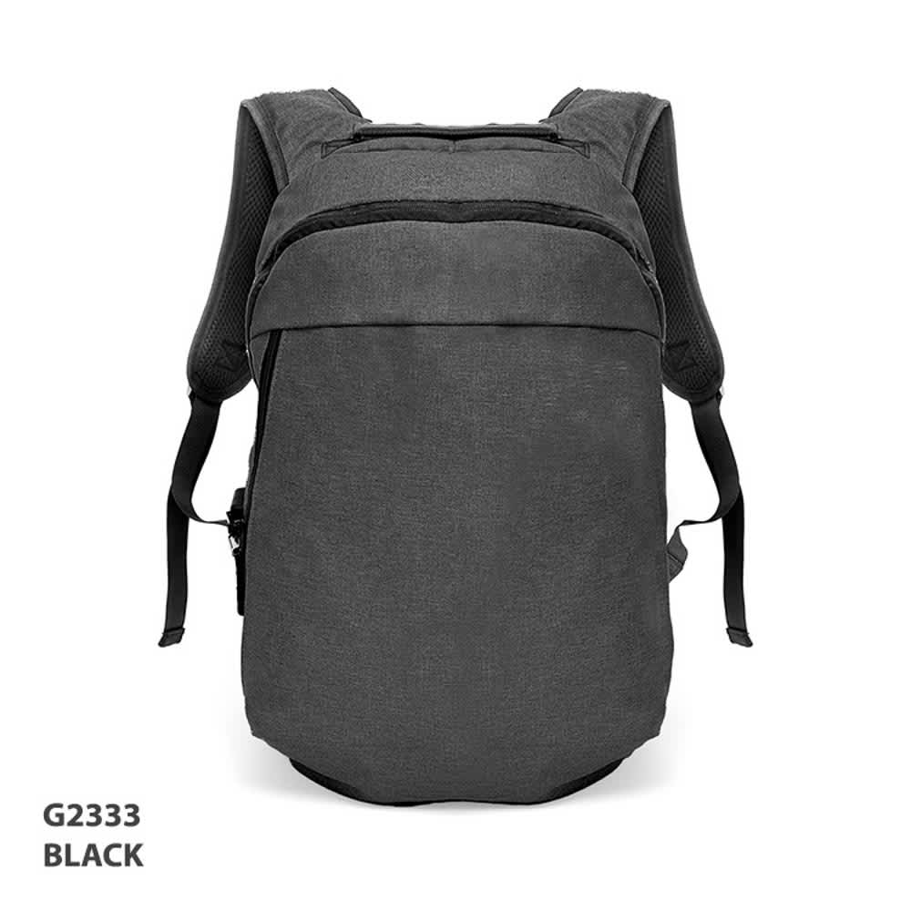 A black anti-theft backpack with padded shoulder straps and a sleek design, featuring a logo on the front.