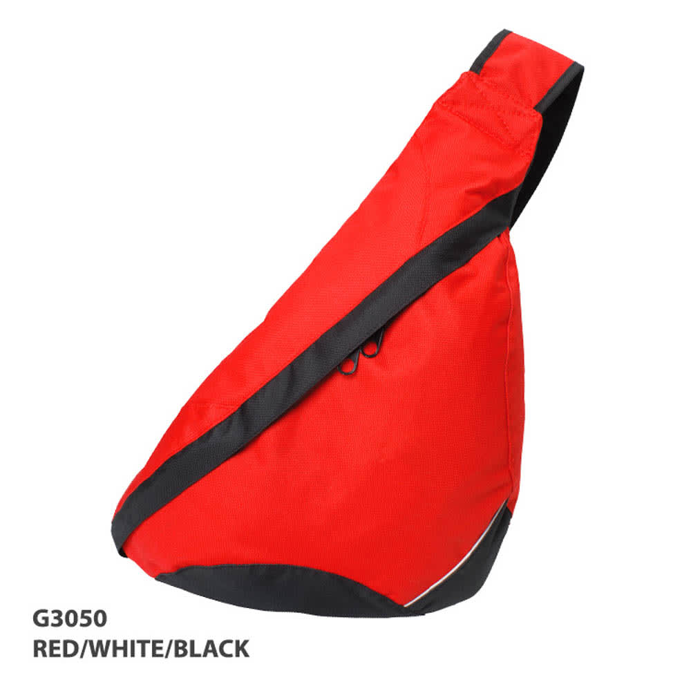 A red, white, and black Slingpack bag with a single shoulder strap and a side zip pocket.