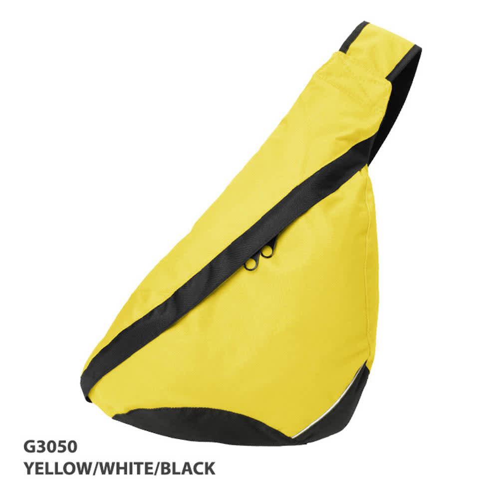 A yellow, white, and black slingpack with a sleek design and a visible logo.