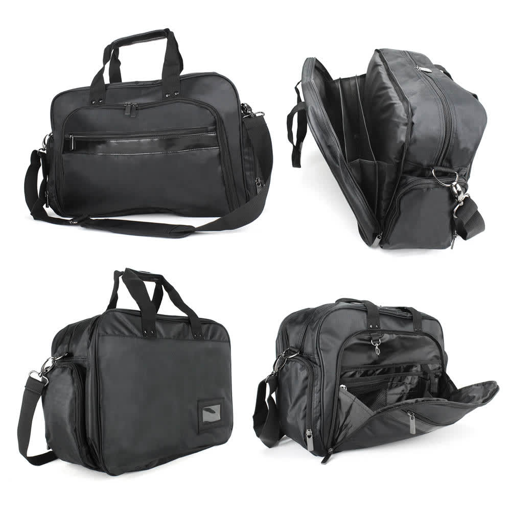 A black laptop bag featuring multiple compartments, carrying handles, adjustable strap, and a logo on the side.