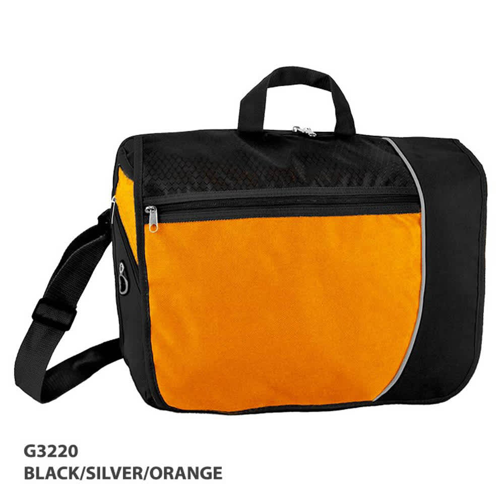 A black, silver, and orange laptop bag with a zippered front pocket and an adjustable shoulder strap.