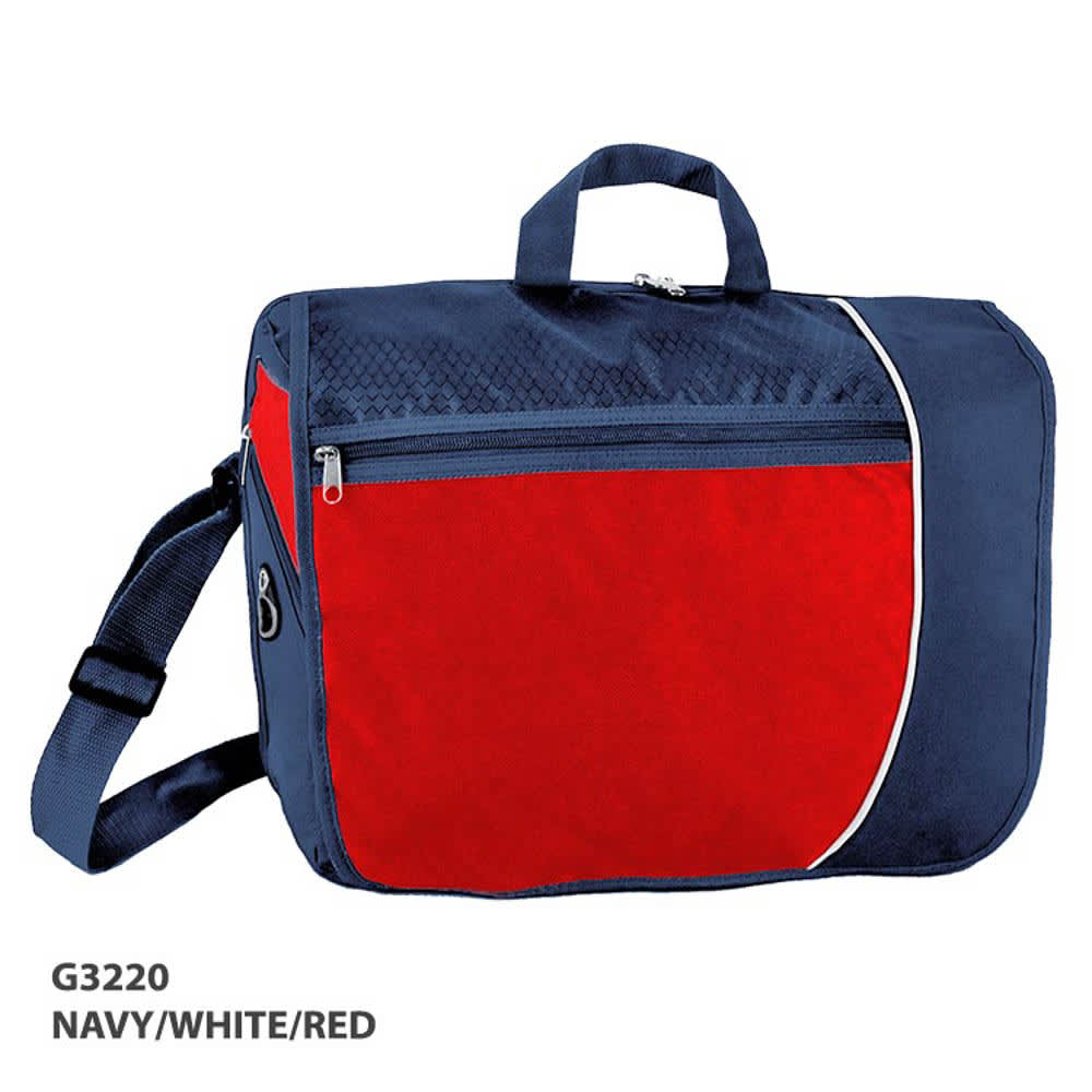A laptop bag in navy blue, white, and red, featuring a zippered front pocket and a shoulder strap.