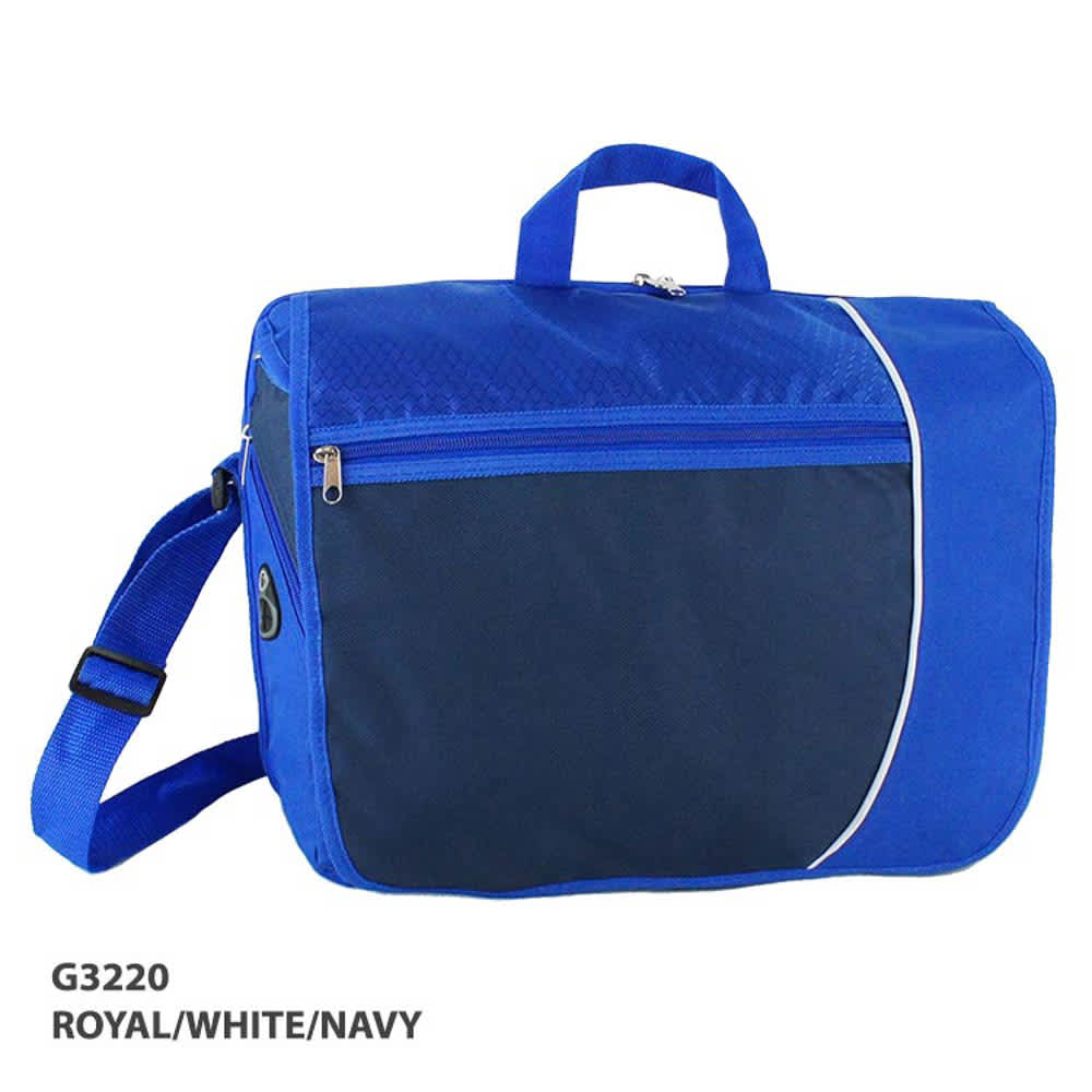 A blue laptop bag with a navy and white front panel, featuring a shoulder strap and a zipper pocket.