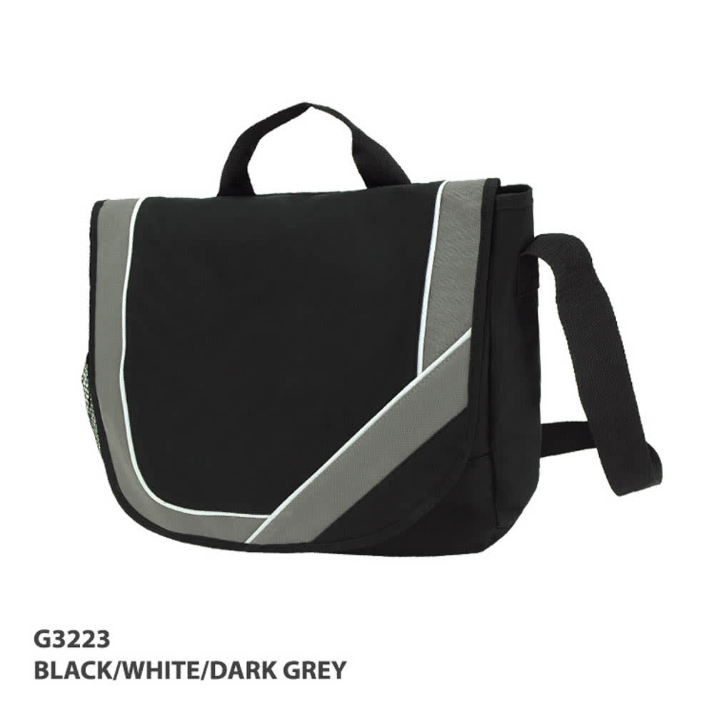 A black, white, and dark grey satchel bag with a shoulder strap and a logo, featuring a flap closure.