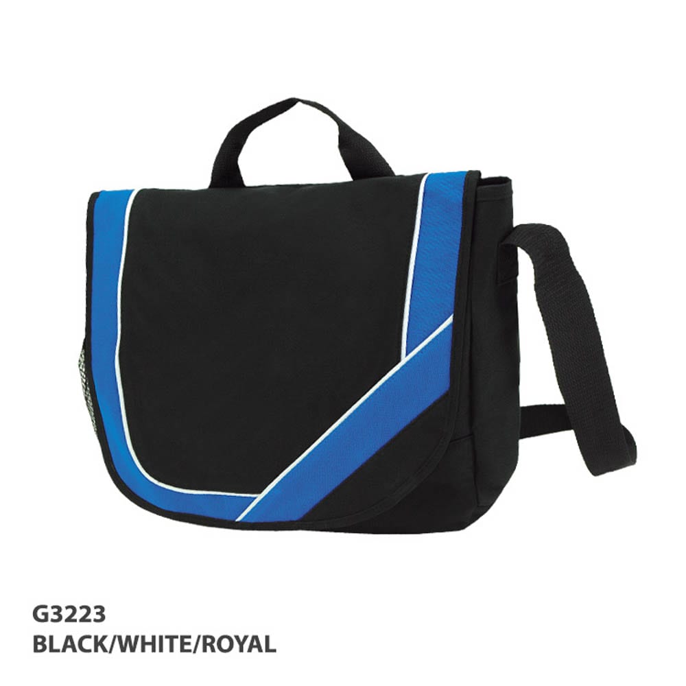 A satchel-style carry bag in black with white and royal blue accents, featuring a shoulder strap and logo.