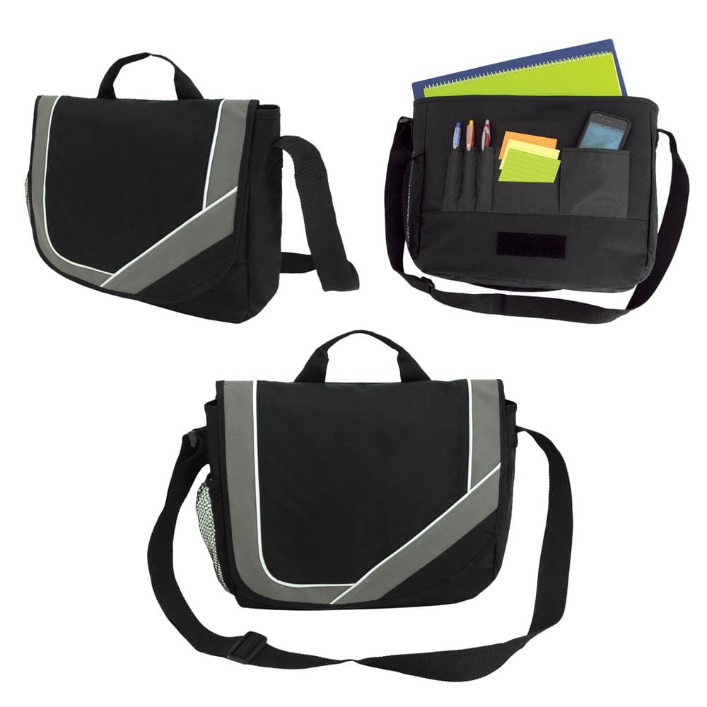 A black satchel bag with grey accents featuring compartments for a notebook, pens, and other items. It has a logo.