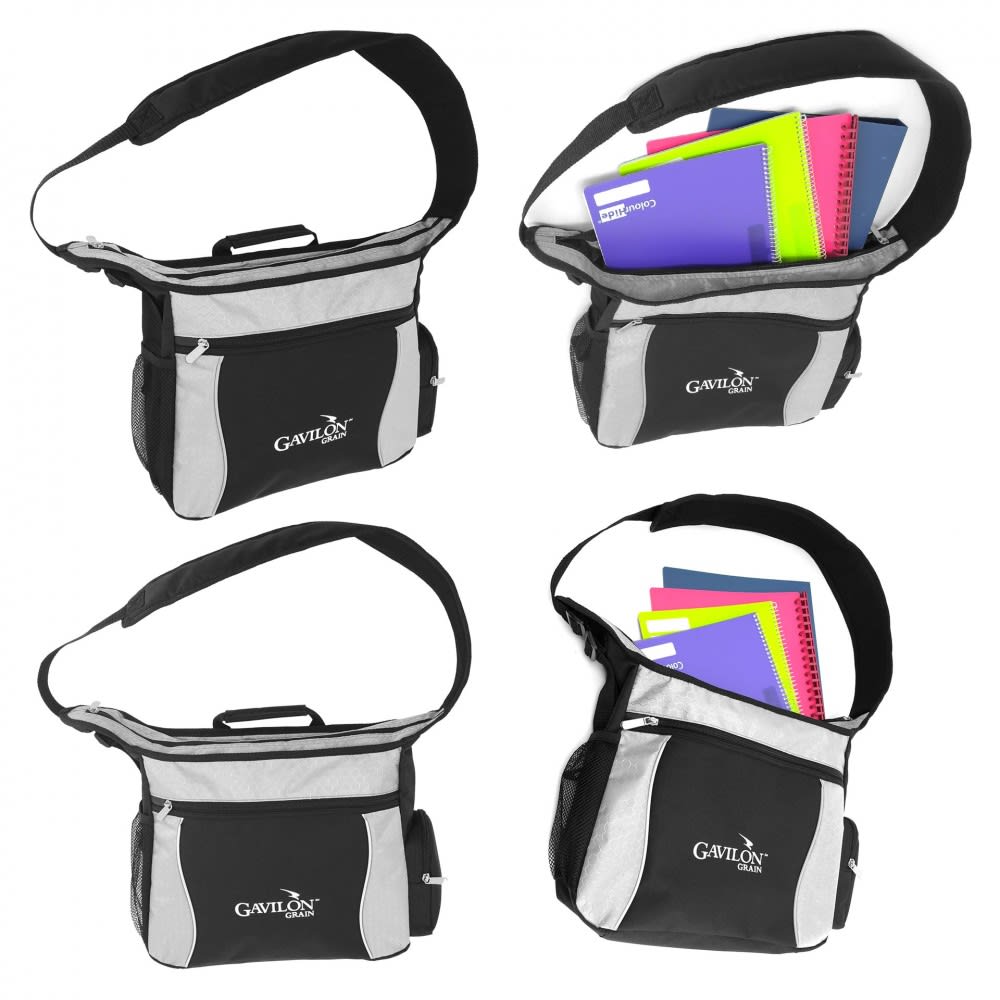 A black and grey laptop bag features a shoulder strap and is filled with colourful notebooks and folders. It has a logo.