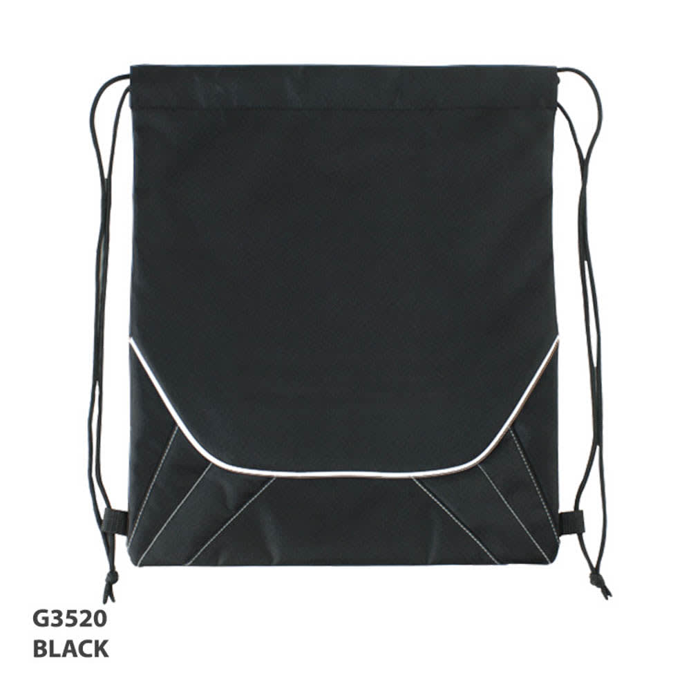 A black drawstring bag featuring white accents and a branded logo.