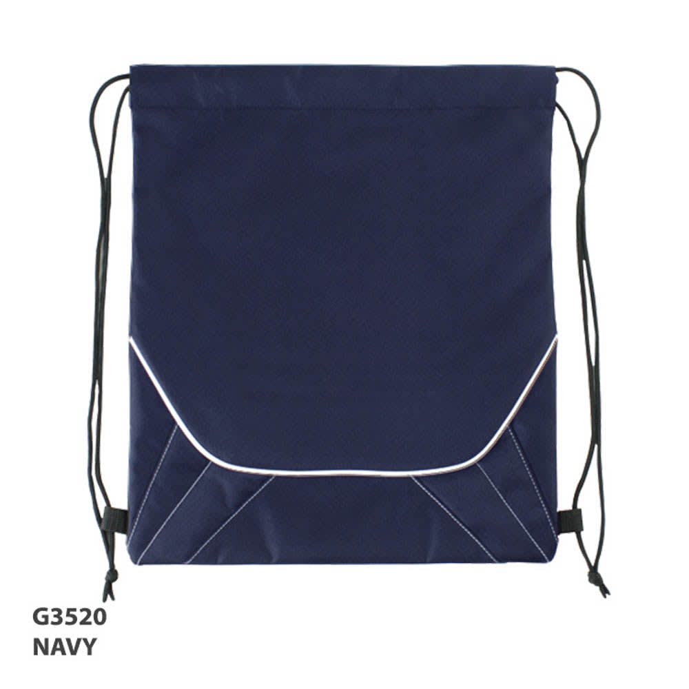 A navy drawstring backpack featuring a front pocket and accent stitching, complete with a logo.