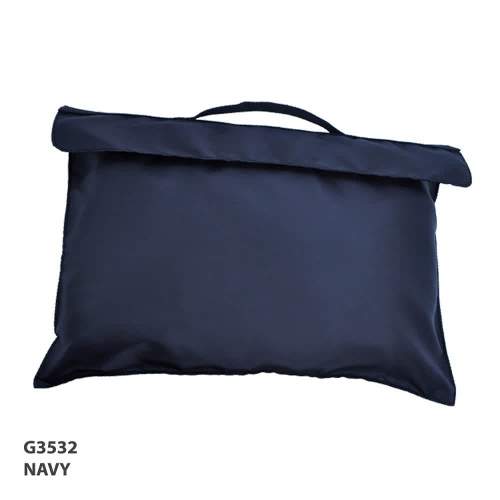 A navy Bryce Library Bag with a flat design and a carrying handle, featuring a simple logo.