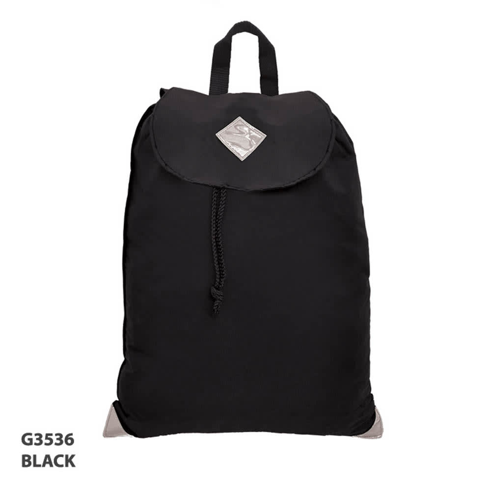 A black satchel bag featuring a flap closure and a logo. It has a top handle and a drawstring detail.