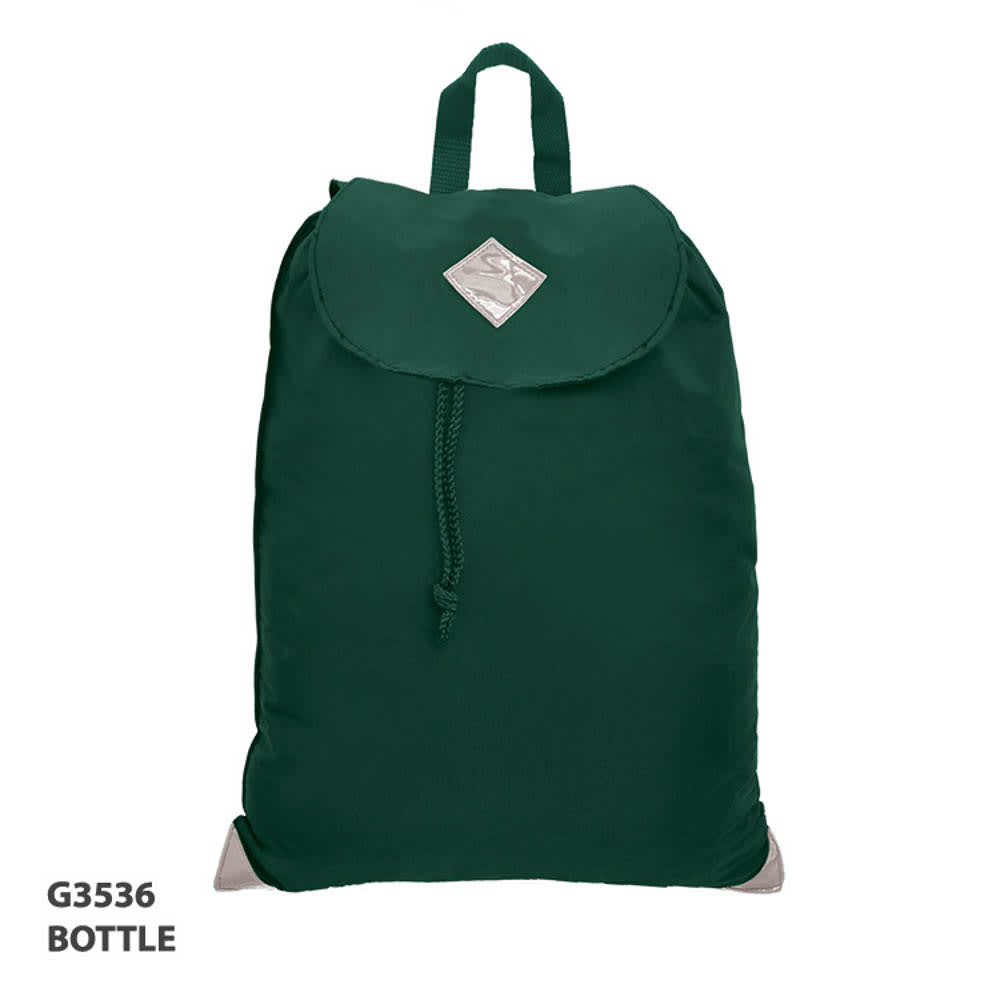 A green satchel bag with a drawstring closure and a logo on the front. It has a top handle for carrying.