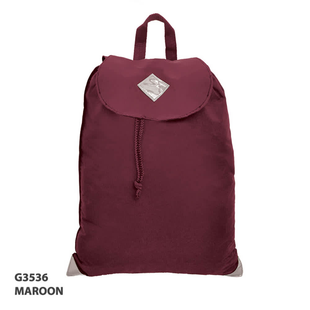 A maroon satchel bag with a drawstring closure and a loop handle, featuring a logo on the front.