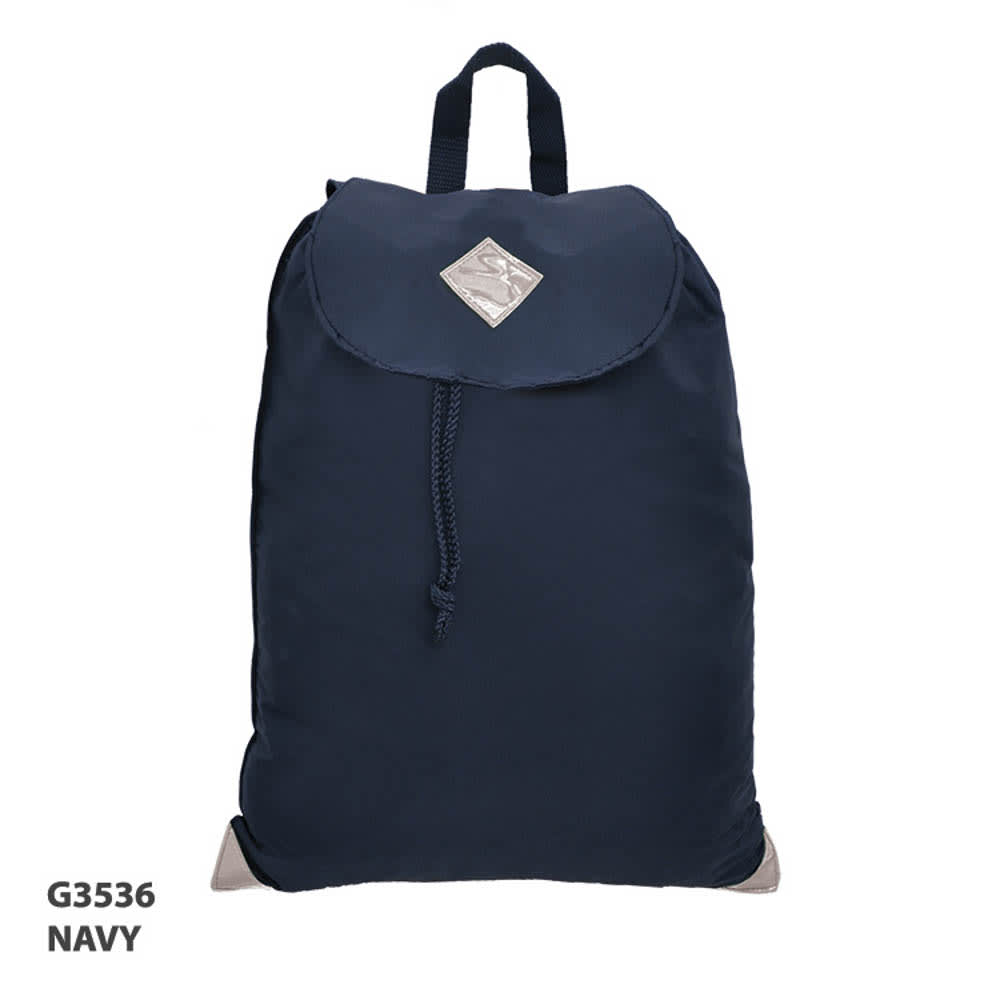 A navy satchel bag with a fold-over flap and a logo, featuring a drawstring closure and a sturdy handle.