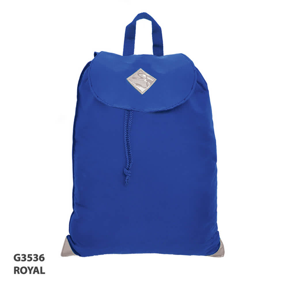 A royal blue satchel bag with a flap and a drawstring closure, featuring a logo at the front.