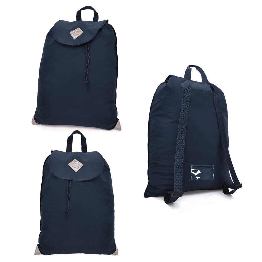 A navy satchel bag with multiple views, featuring a logo and a drawstring closure at the top.