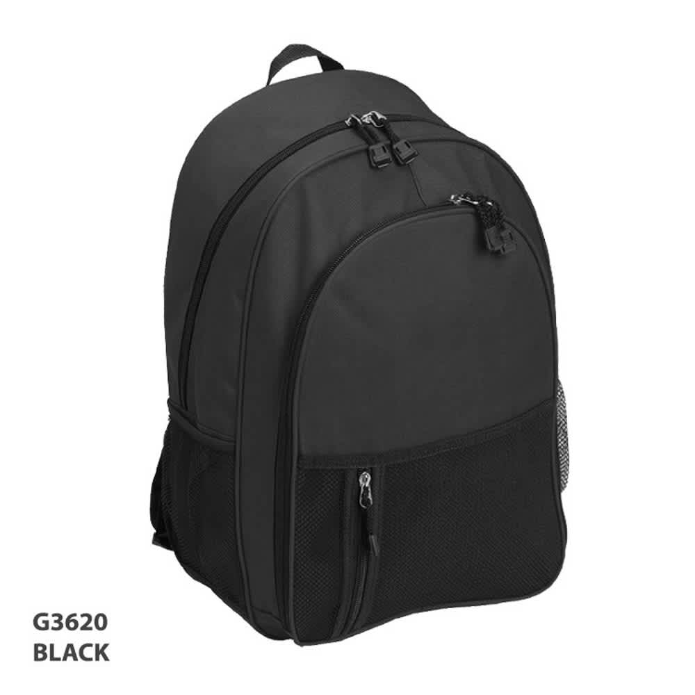 A black casual backpack featuring multiple zip compartments and mesh side pockets. It has a sleek design and a logo.