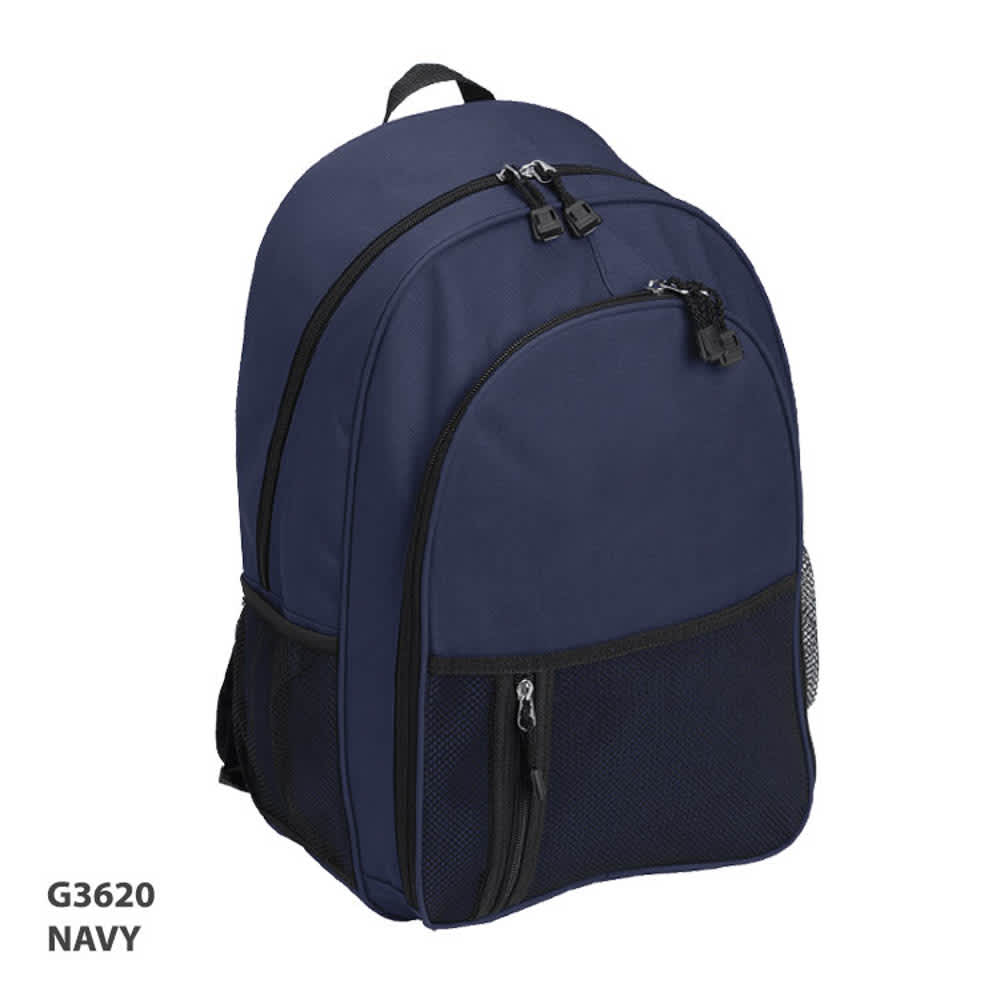 A navy blue backpack featuring zippered compartments and mesh side pockets, with a branded logo on the front.