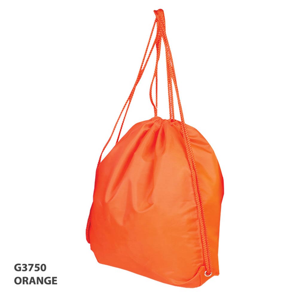 An orange drawstring bag with matching cords and a simple design. It features a logo on the side.