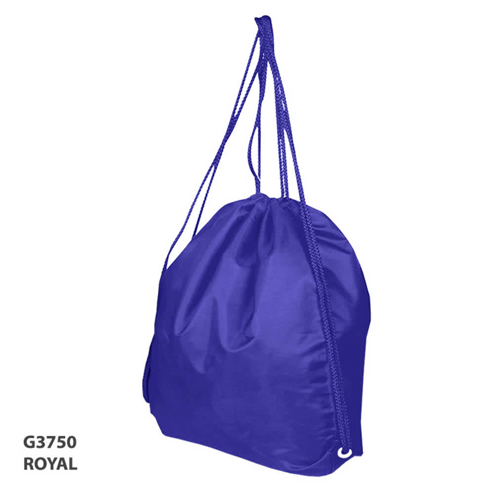A royal blue drawstring bag with two matching straps and a tucked opening. It features a logo.