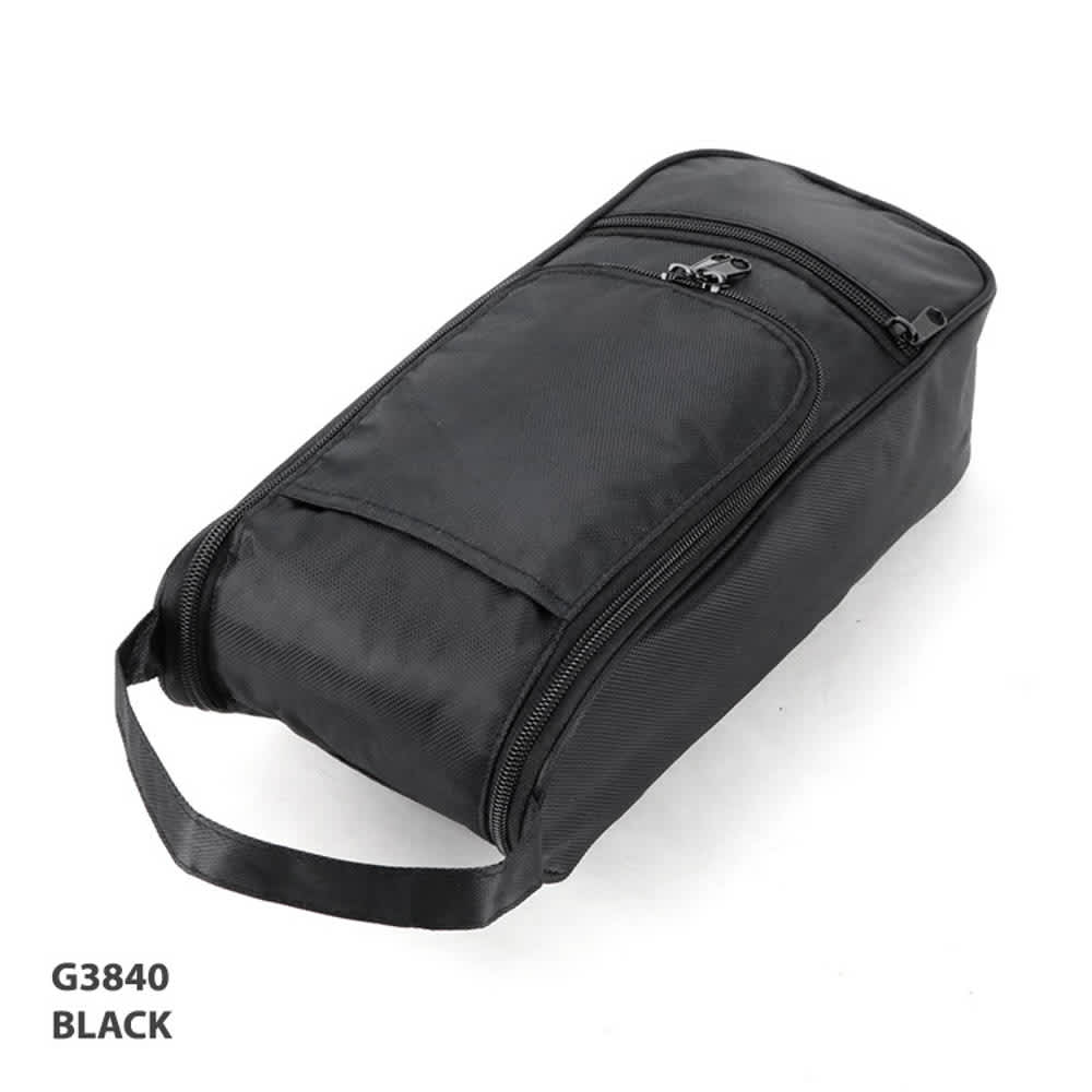 A drink bottle cooler bag in black with a zip closure and a carrying handle, featuring an exterior pocket.