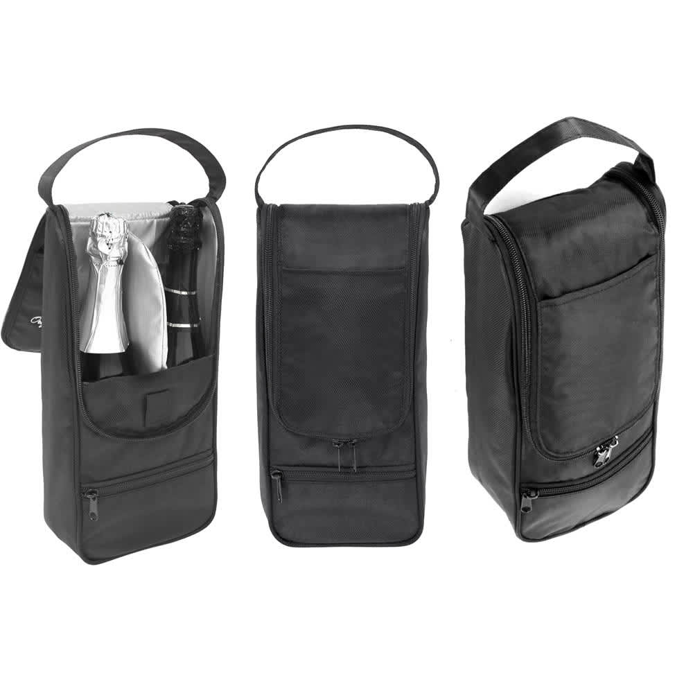 A drink bottle cooler bag in black, designed to hold two bottles securely with a mesh pocket and carry handle.