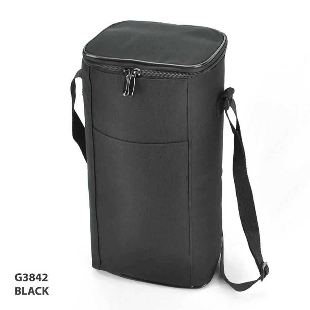 A drink bottle holder in black with a zippered top and a strap. Features a front pocket and branding.