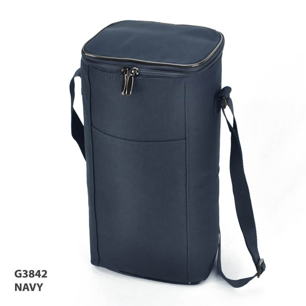 A drink bottle holder in navy blue with a zip closure and adjustable strap, featuring a front pocket and a logo.