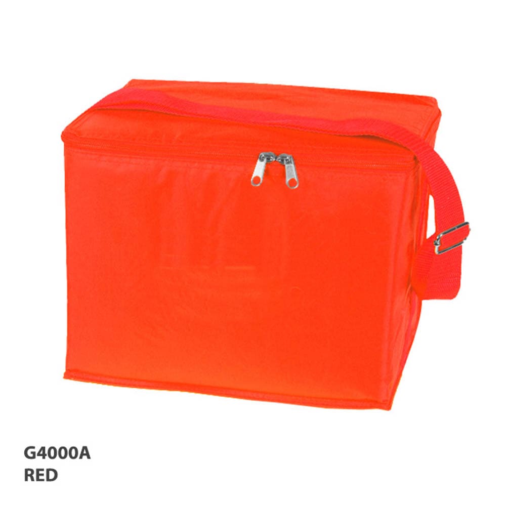 A red cooler bag with a zip closure and an adjustable strap, featuring a logo on the side.