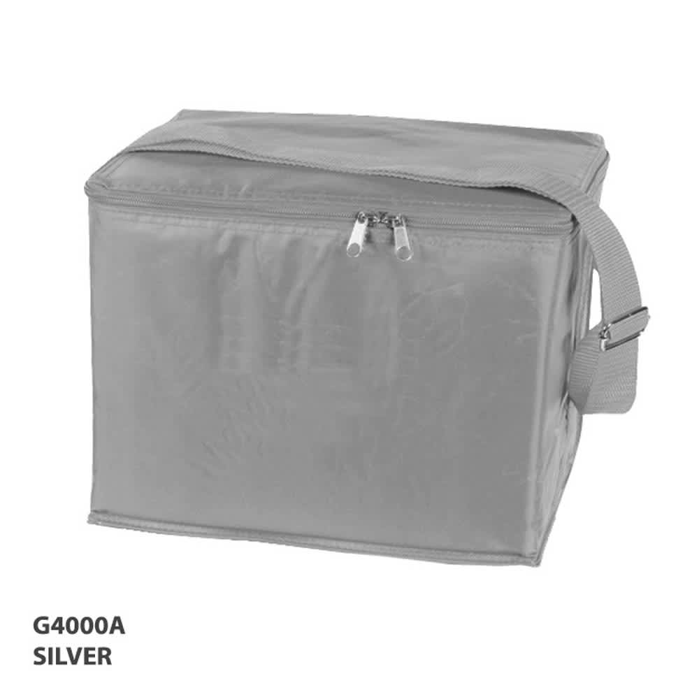 A silver cooler bag with a zippered closure and an adjustable shoulder strap. Features a logo on the front.