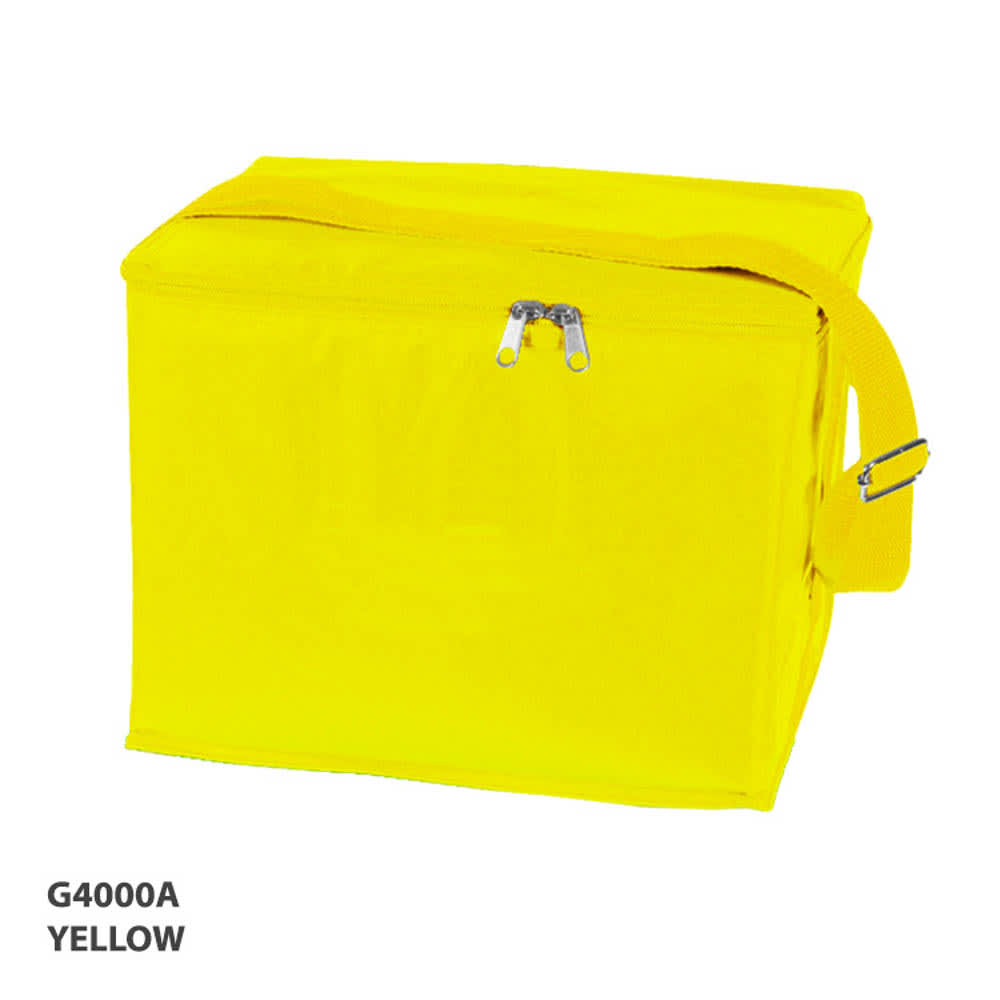 A yellow cooler bag with a zip closure and an adjustable shoulder strap, featuring a logo.