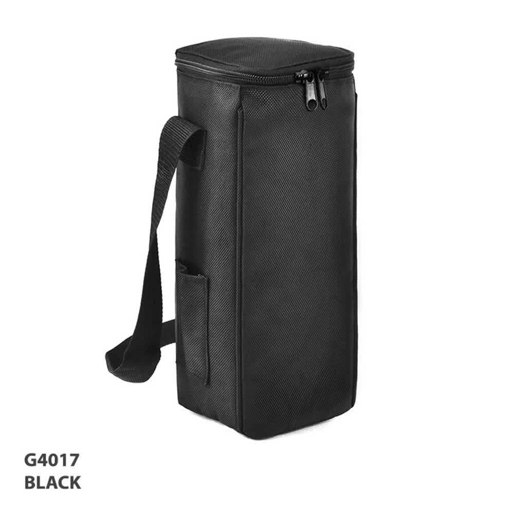 A black cooler bag with a zippered compartment and a shoulder strap, featuring a side pocket and logo.