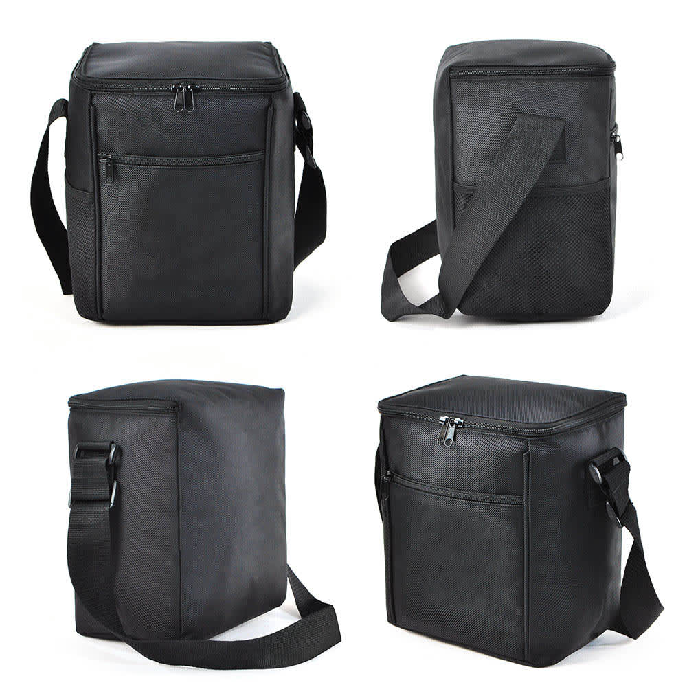 A black cooler bag with a detachable shoulder strap and multiple zippered pockets. It features a textured surface and a logo.