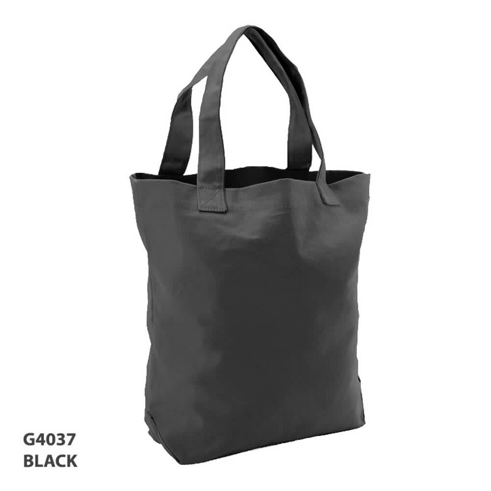 A black tote bag with two sturdy handles and a simple design, featuring a logo.