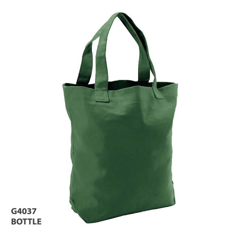 A green tote bag with two handles and a sturdy design. It features a logo on one side.