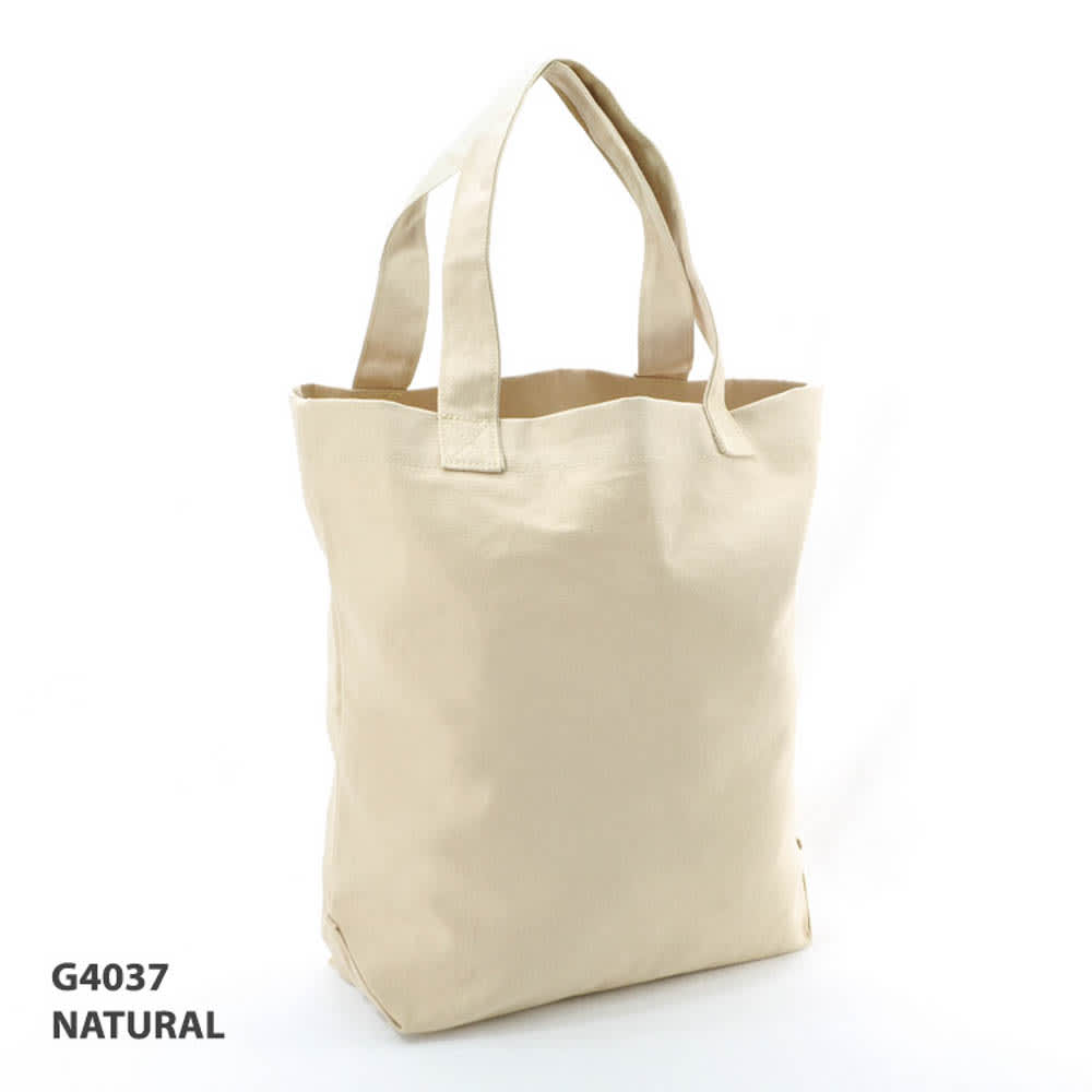A natural-coloured tote bag with two handles and a simple design, featuring a logo.