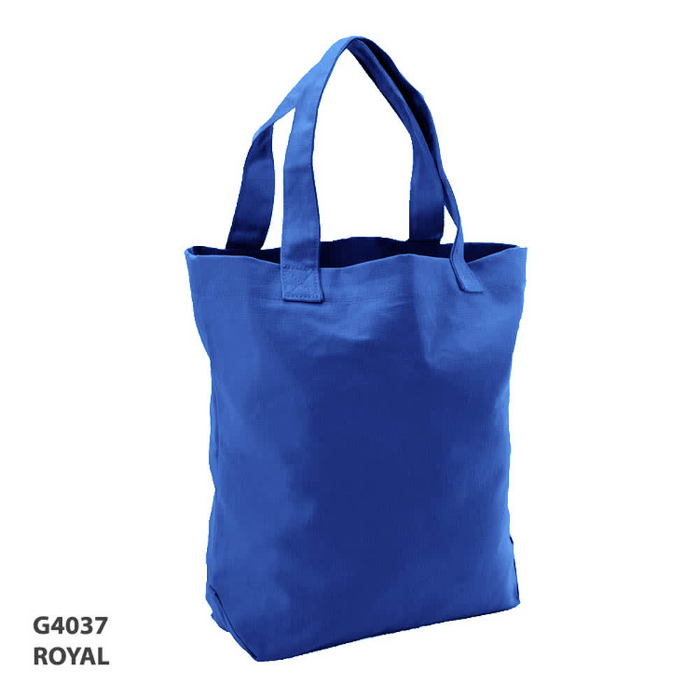 A royal blue tote bag with two shoulder straps and a simple design, featuring a logo.