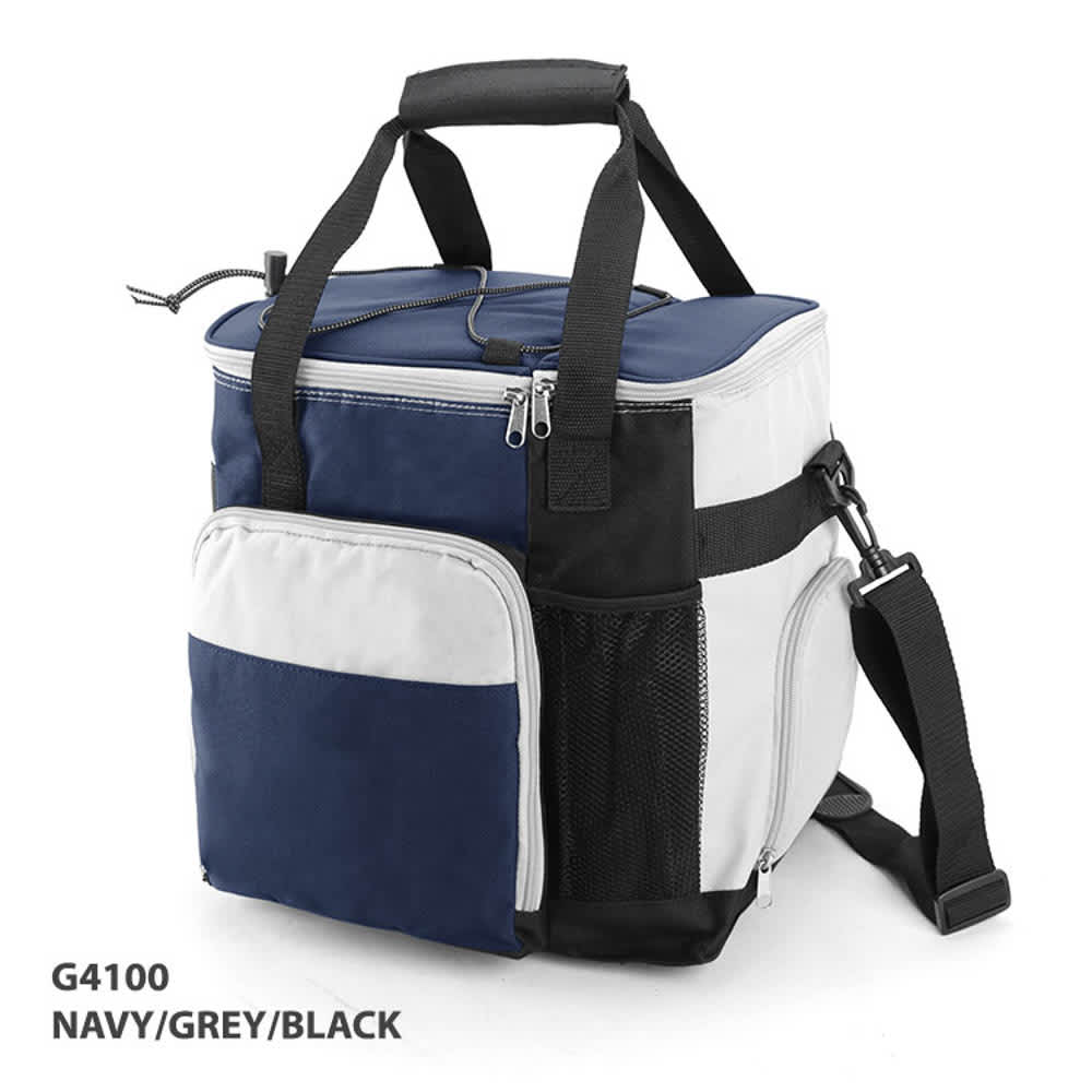 A cooler bag in navy, grey, and black with a carry handle and adjustable strap, featuring multiple zippered compartments and a logo.
