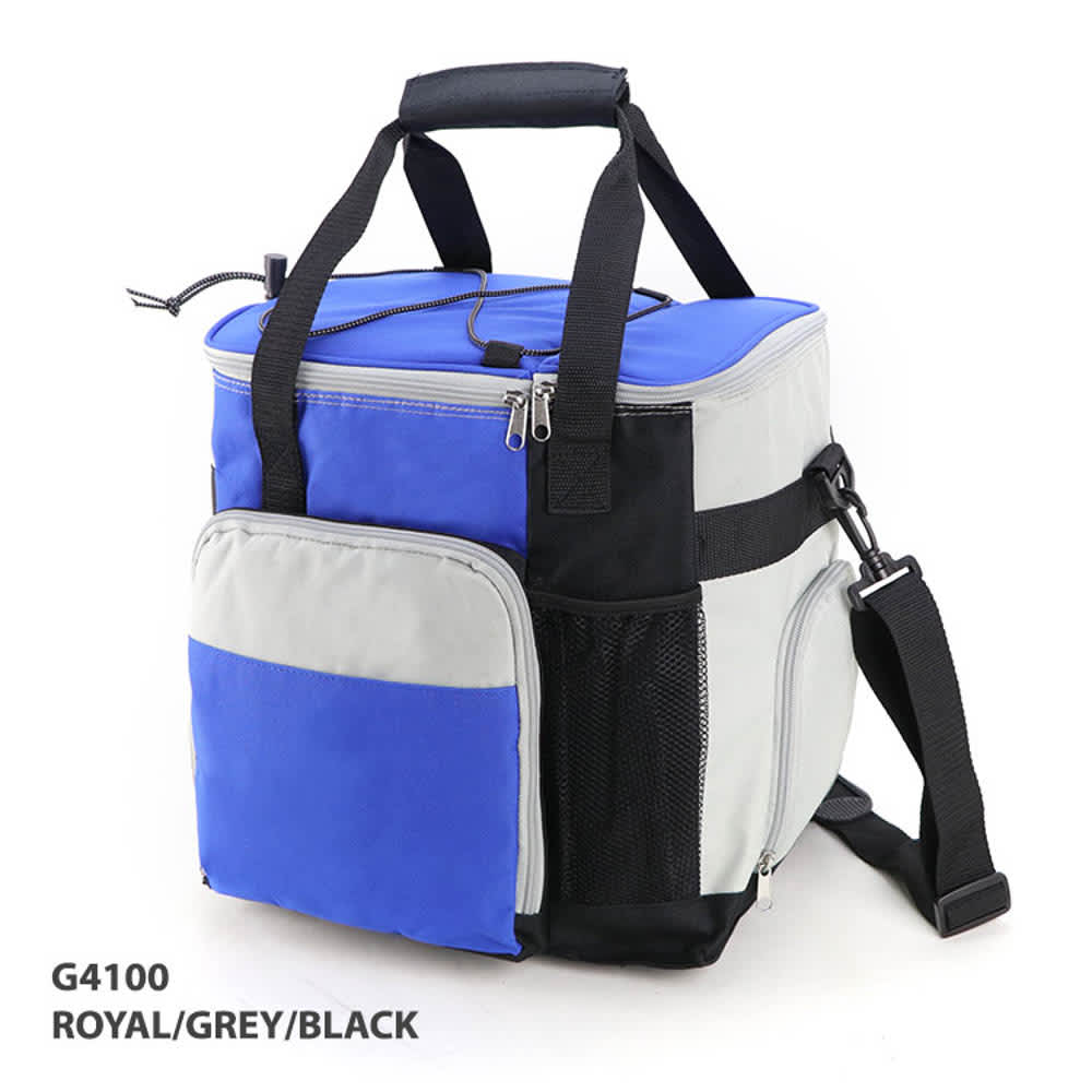 A cooler bag in royal blue, grey, and black with a zippered top and side pockets, featuring a logo.